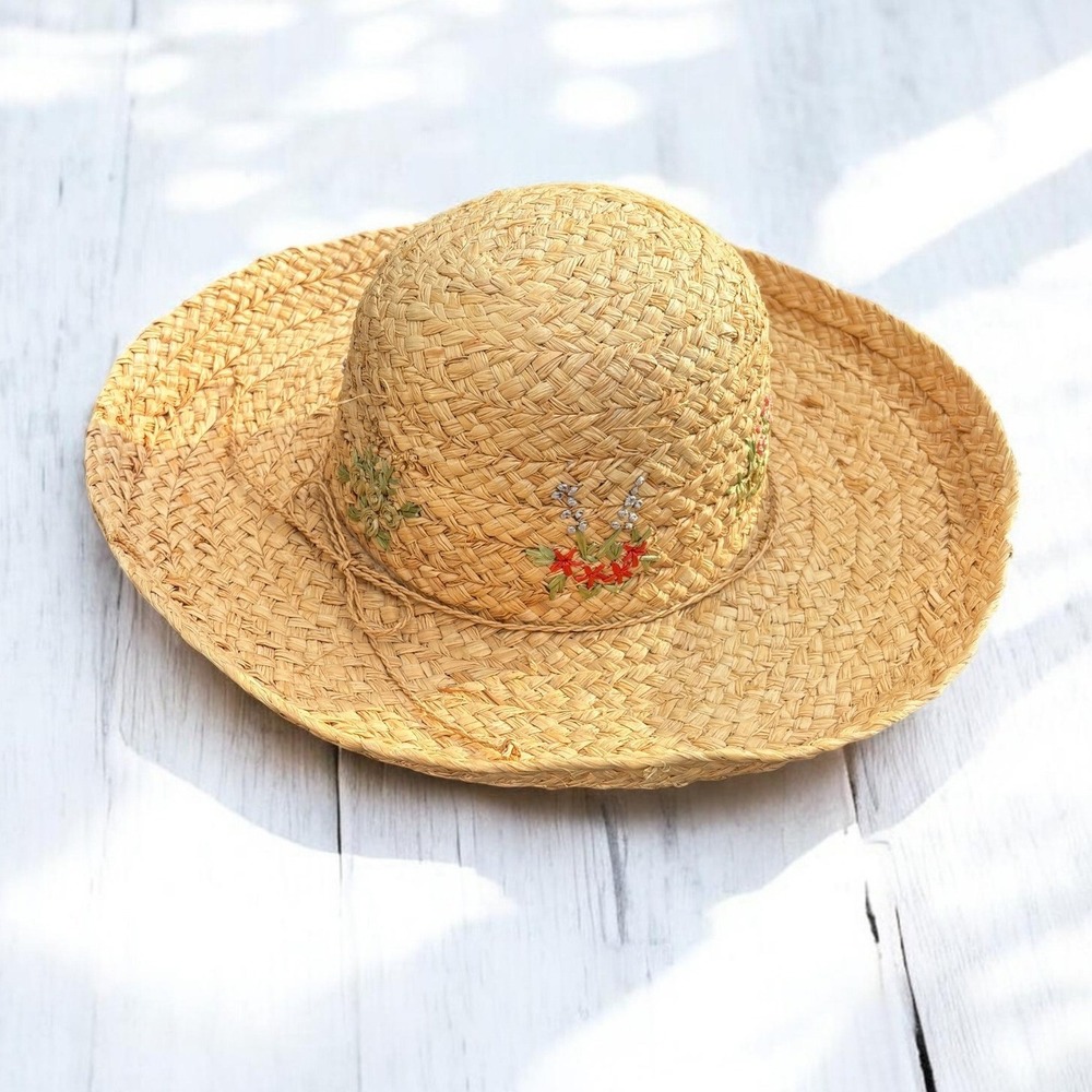 Vintage‎ Sun Hat Cappelli Strawworld OS Straw Floral Embroidery Cottagecore